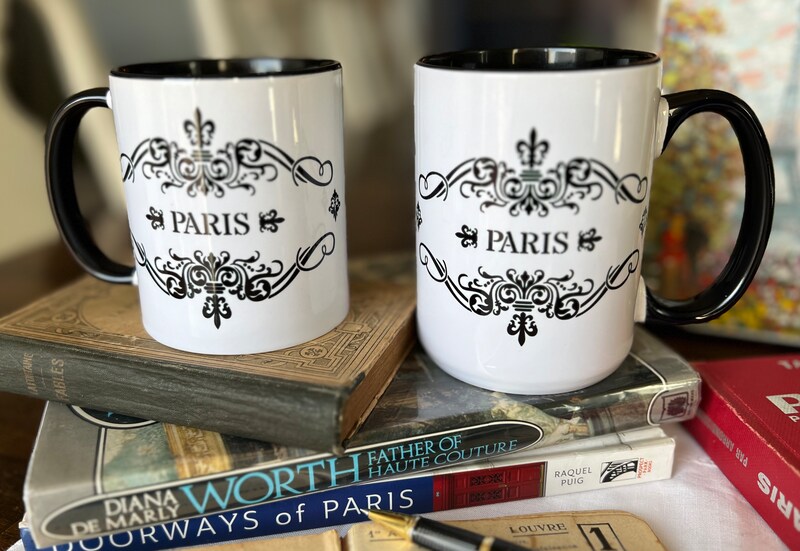 Paris Coffee Cup, French Mug, Fleur de Lys, Ceramic, Black, Classic, Vintage, Romantic, Parisienne, Travel Souvenir, Gift, 11oz, 15 oz